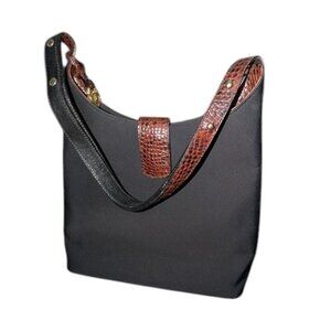 Vintage Brahmin Solid Dark Nylon Croc Style Leather Handle Accents Shoulder Bag
